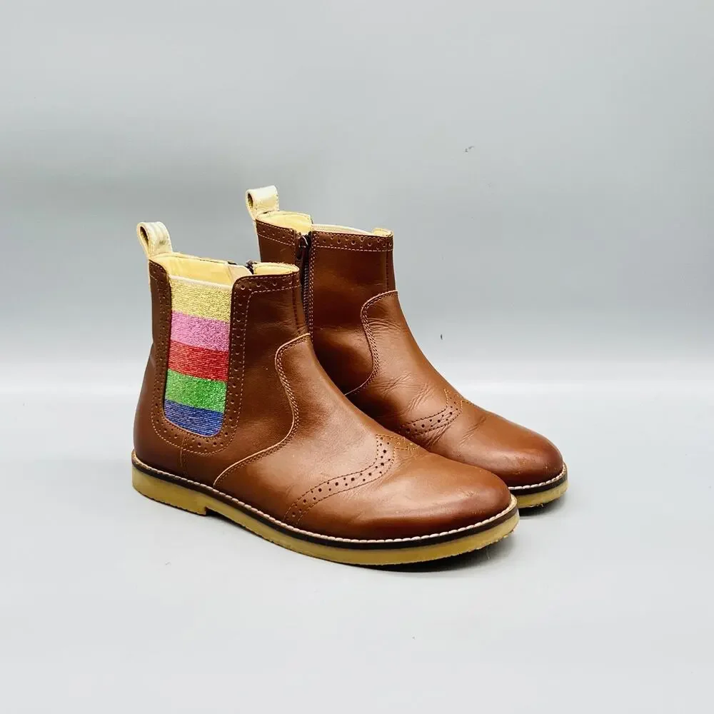 Mini Boden Boots Girls 1.5 Brown Leather Chelsea Ankle Glitter Stripe Zip Brogue
